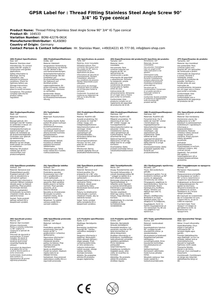 Złączka gwintowana ze stali nierdzewnej kolanko 90° 3/4" IG typ stożkowy-0