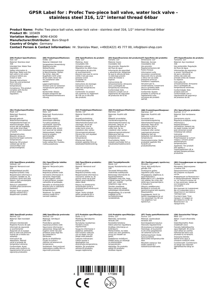 Profec Dwuczęściowy Zawór Kulowy, Zawór Odcinający Wodę - Stal Nierdzewna 316, 1/2" Gwint Wewnętrzny 64bar-0