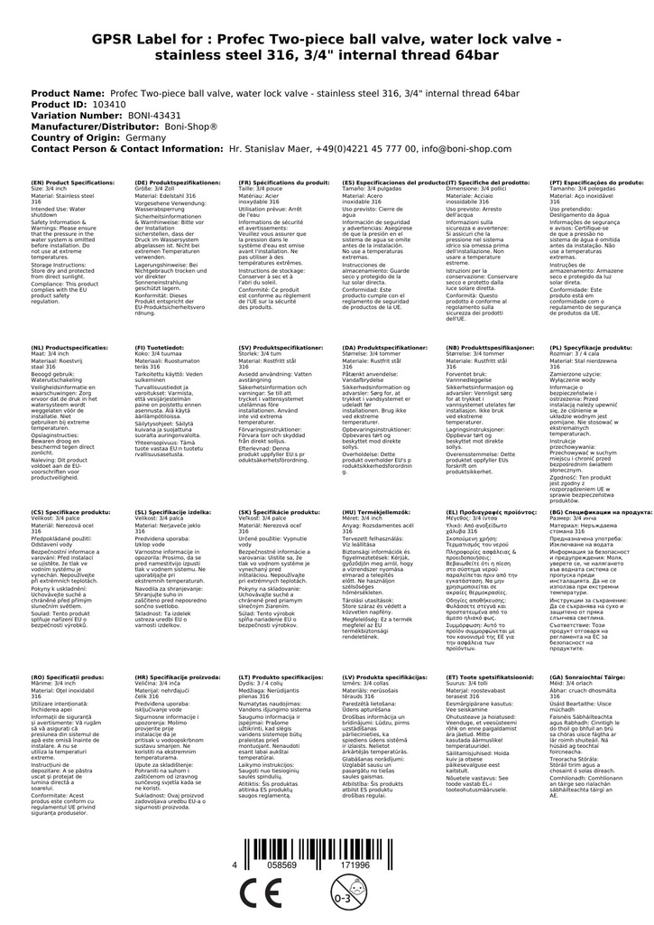 Profec Dwuczęściowy Zawór Kulkowy, Zawór Zatrzymania Wody - Stal Nierdzewna 316, Gwint Wewnętrzny 3/4" 64bar-0