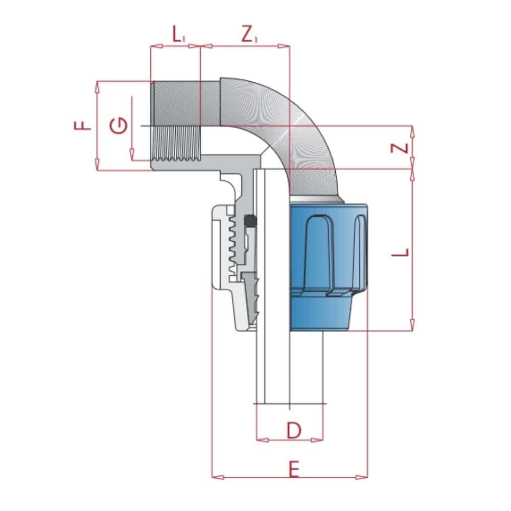 PP PE Rohr Verschraubung 90° Winkel 20 x 3/4" IG-0