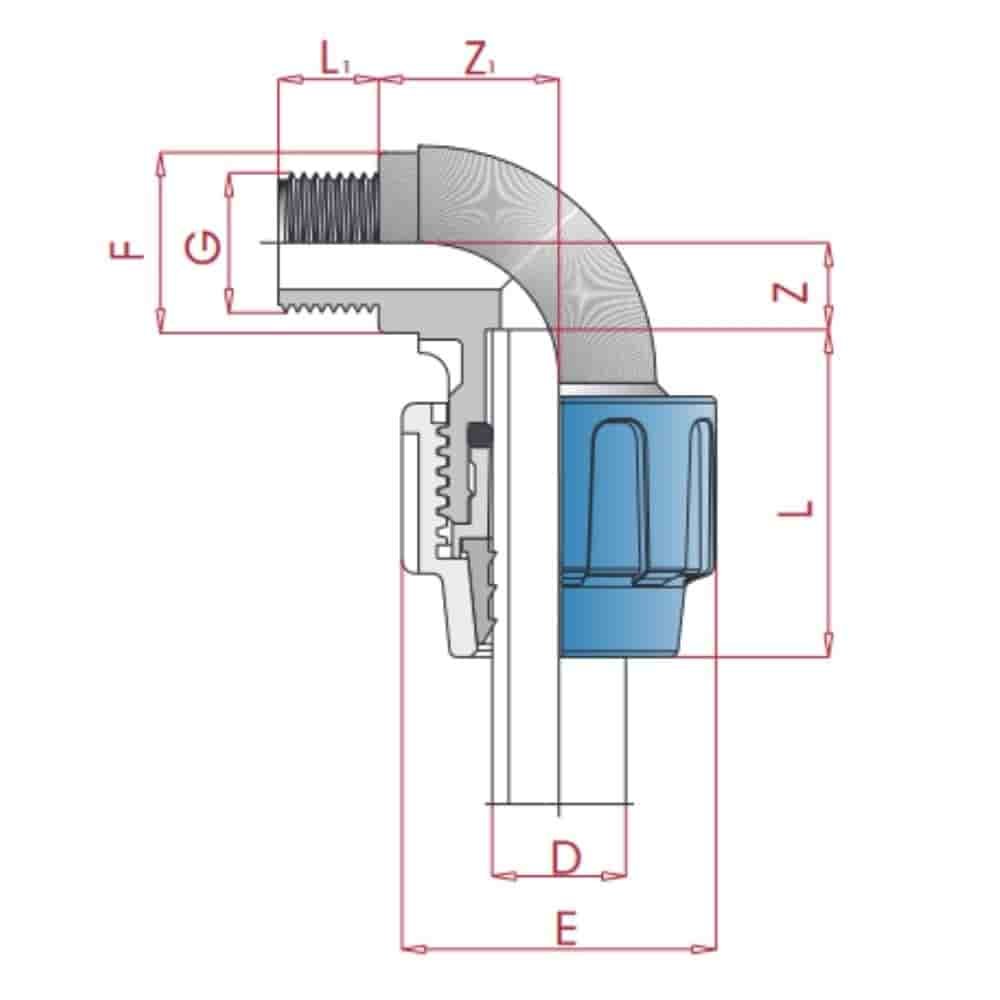 PP PE złączka rurowa 90° kąt 40 x 1 1/2" GW-0