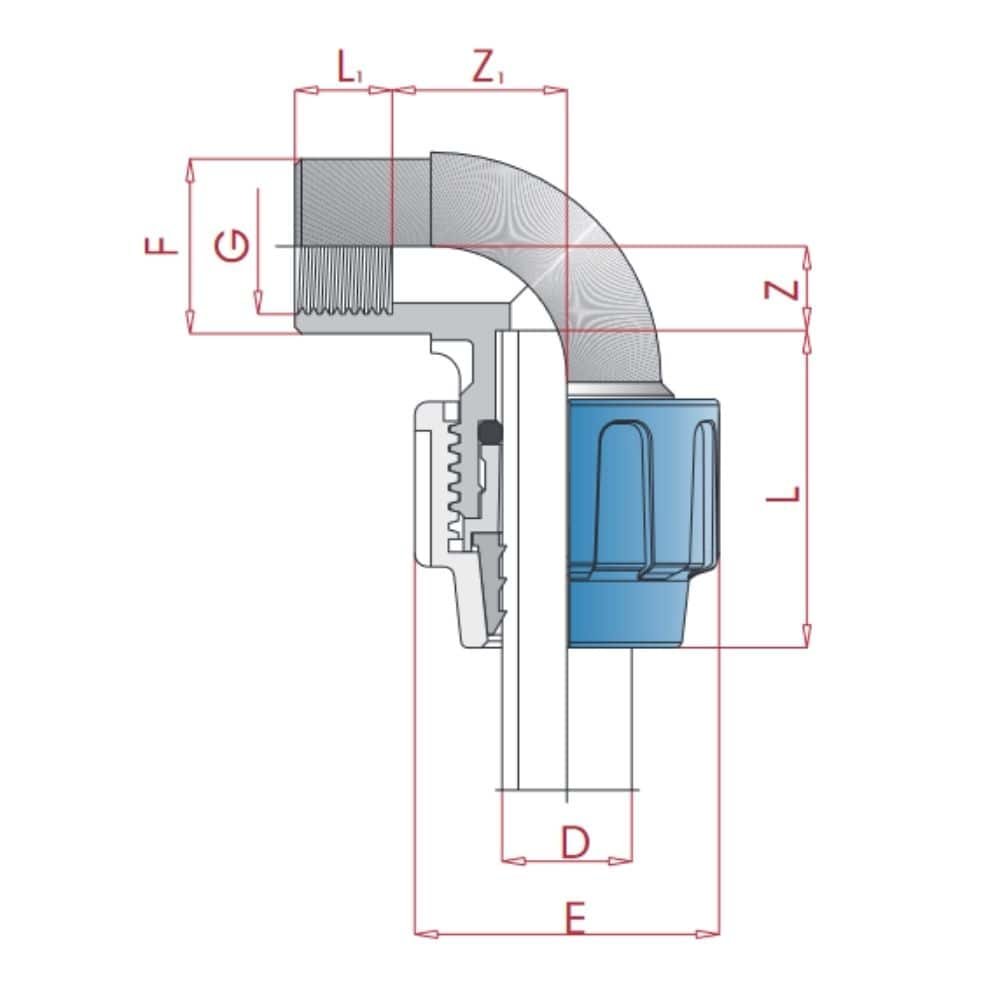 PP PE Złączka rurowa 90° kąt 40 x 1 1/2" GW-0