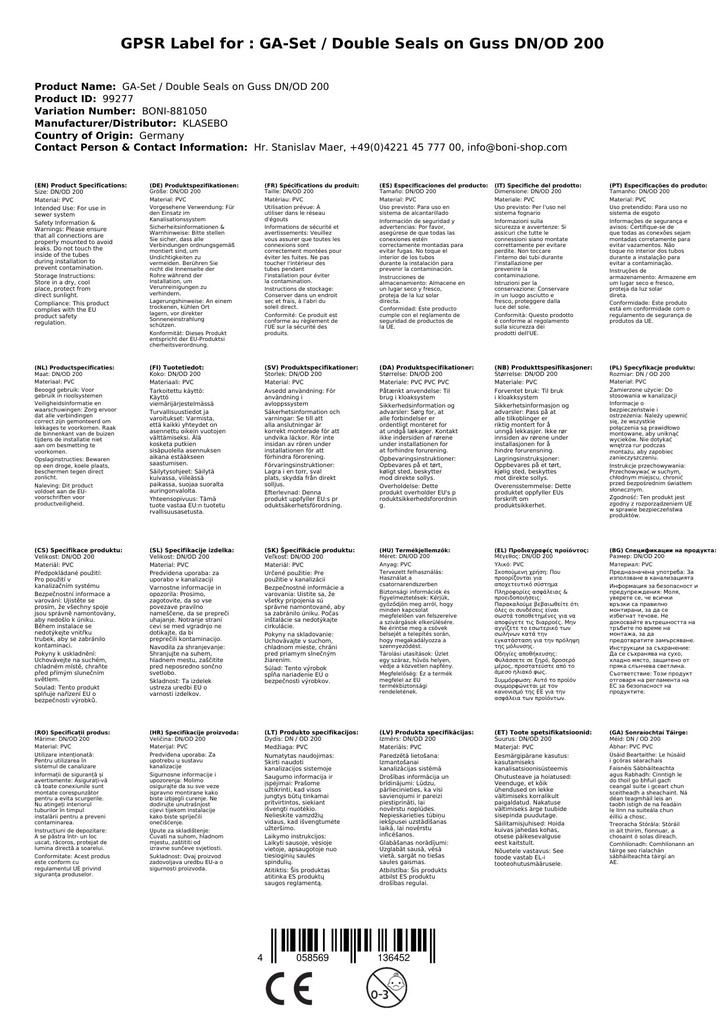 GA-Set / Podwójne uszczelki na żeliwo DN/OD 200-3