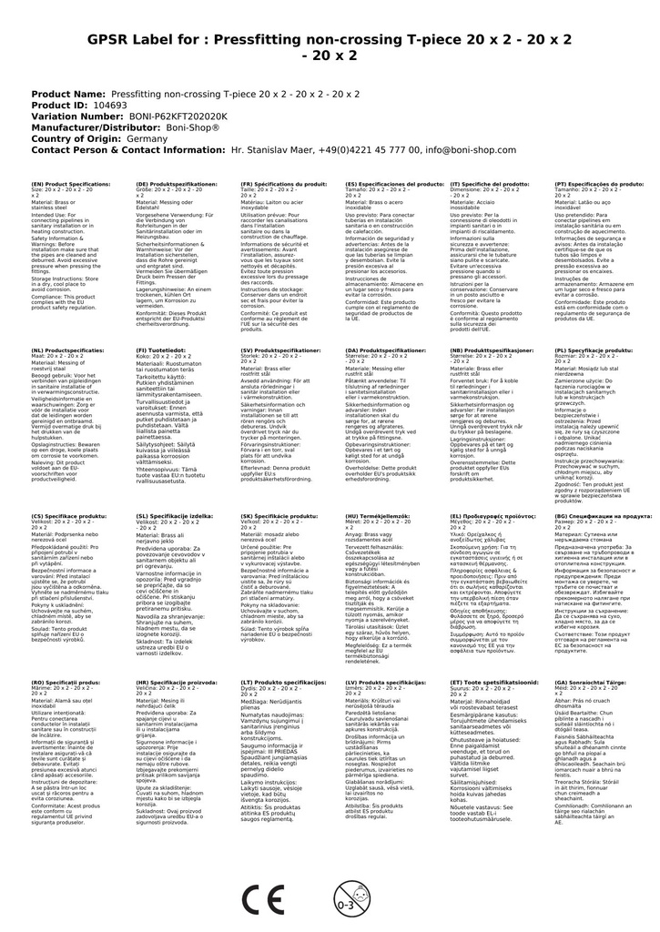 Złączka prasowa trójnik bezkolizyjny 20 x 2 - 20 x 2 - 20 x 2-3