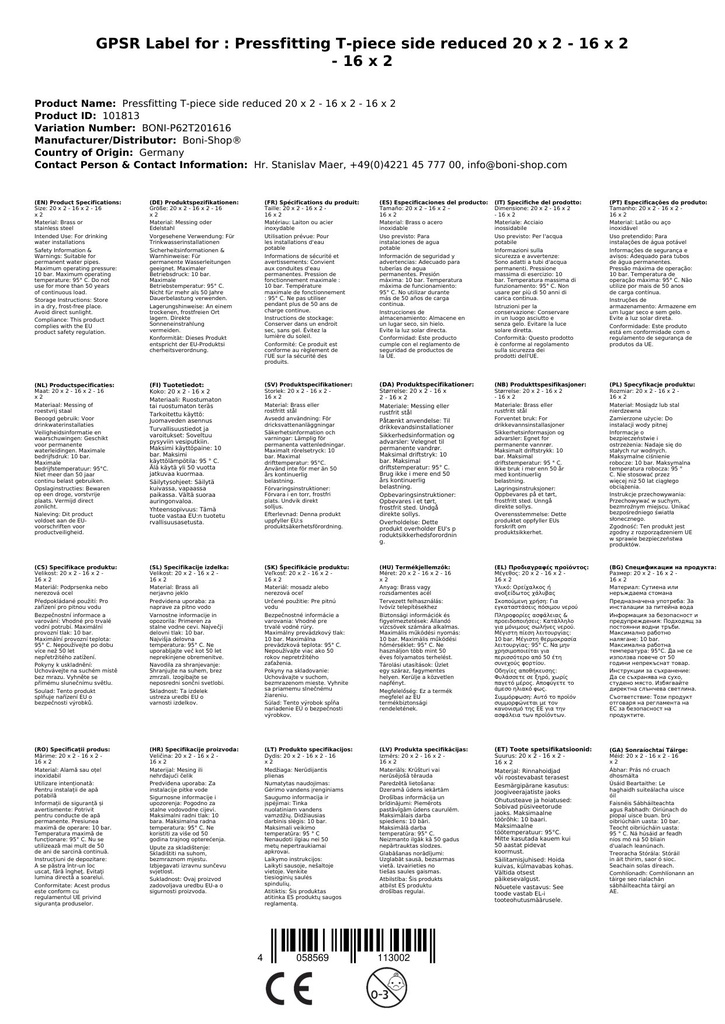 Złączka prasowa trójnik redukowany 20 x 2 - 16 x 2 - 16 x 2-3