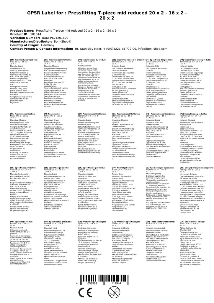 Złączka prasowa trójnik środkowy redukowany 20 x 2 - 16 x 2 - 20 x 2-3