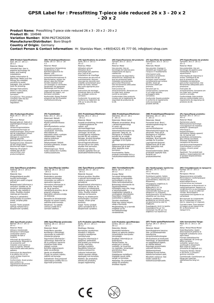 Złączka prasowa trójnik redukowany 26 x 3 - 20 x 2 - 20 x 2-3