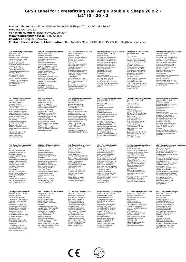 Złączka prasowa kątowa ścienna podwójna U forma 20 x 2 - 1/2" IG - 20 x 2-3