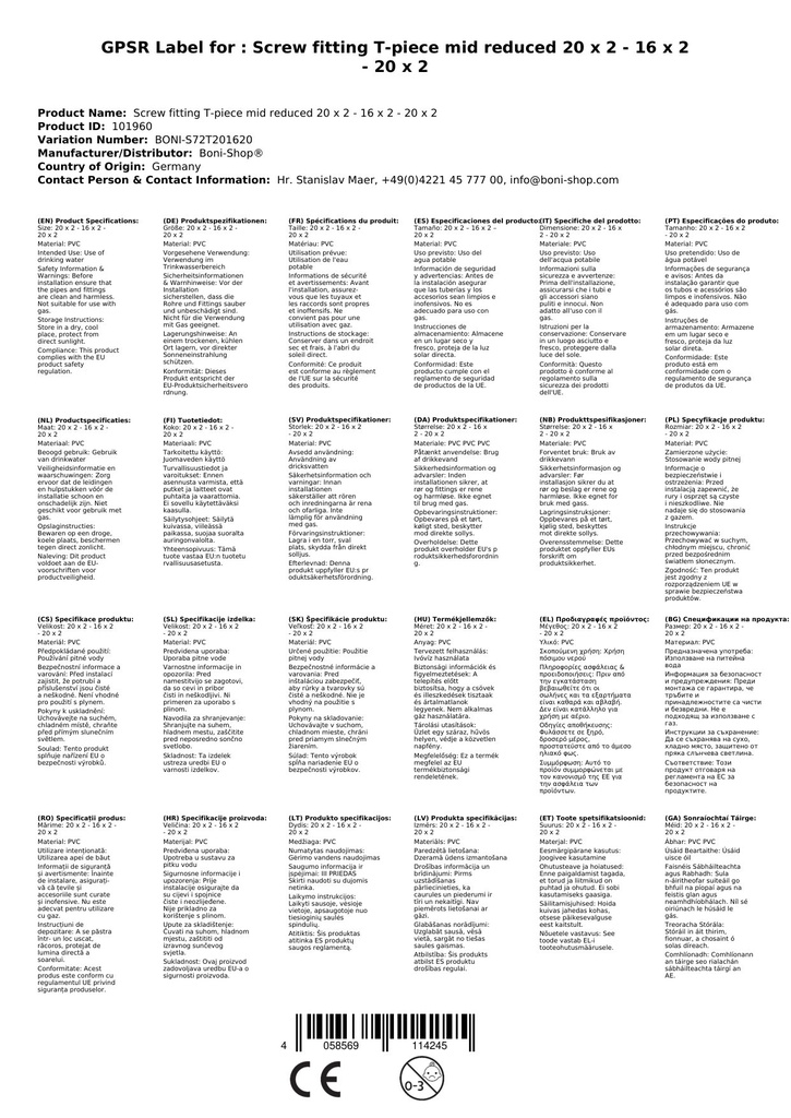 Złączka śrubowa trójnik środkowy redukowany 20 x 2 - 16 x 2 - 20 x 2-2