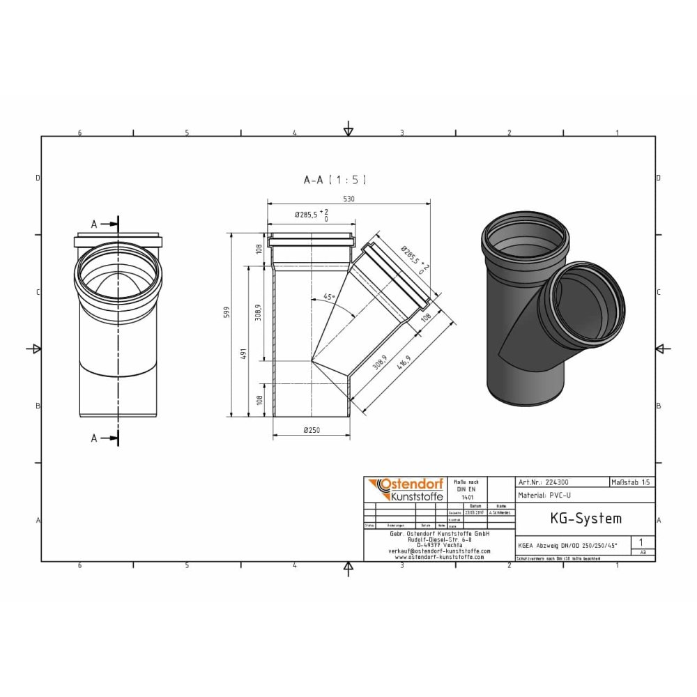 KGEA Rozgałęzienie DN/OD 250/250 45 stopni-1