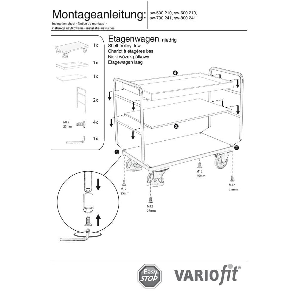 Wózek piętrowy z 1 tacą i 2 półkami 250 kg Typ S + EasySTOP-1