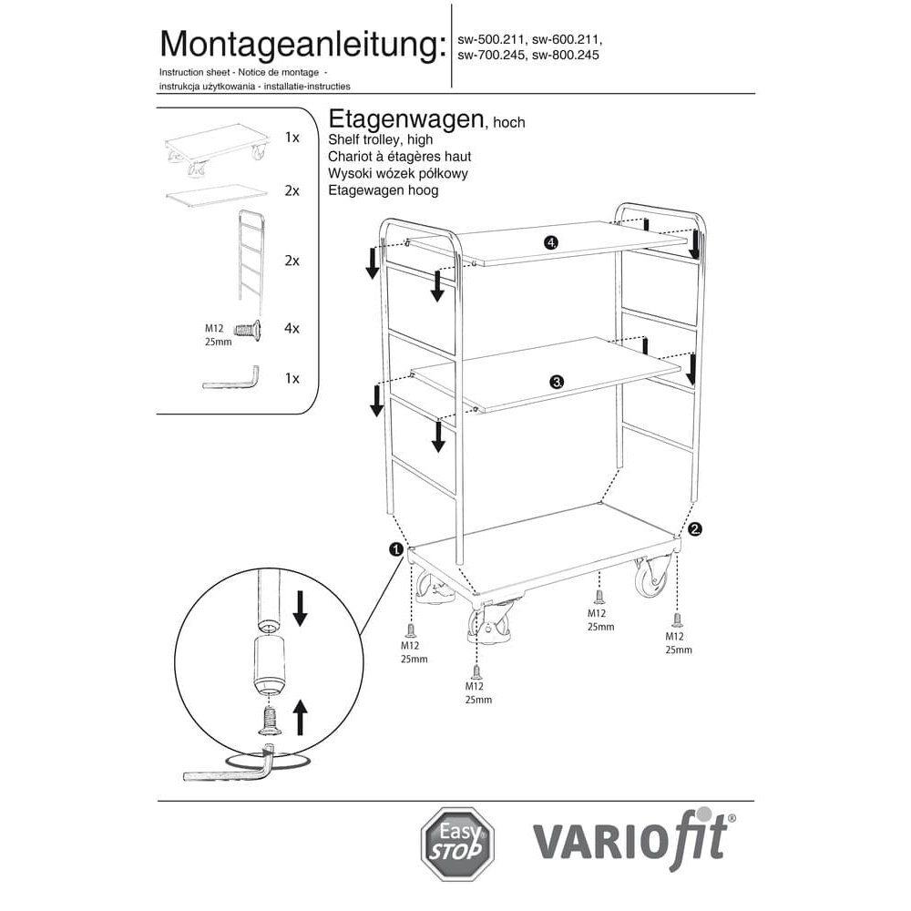 Wózek piętrowy wysoki z 3 półkami 250 kg Typ S + EasySTOP-1