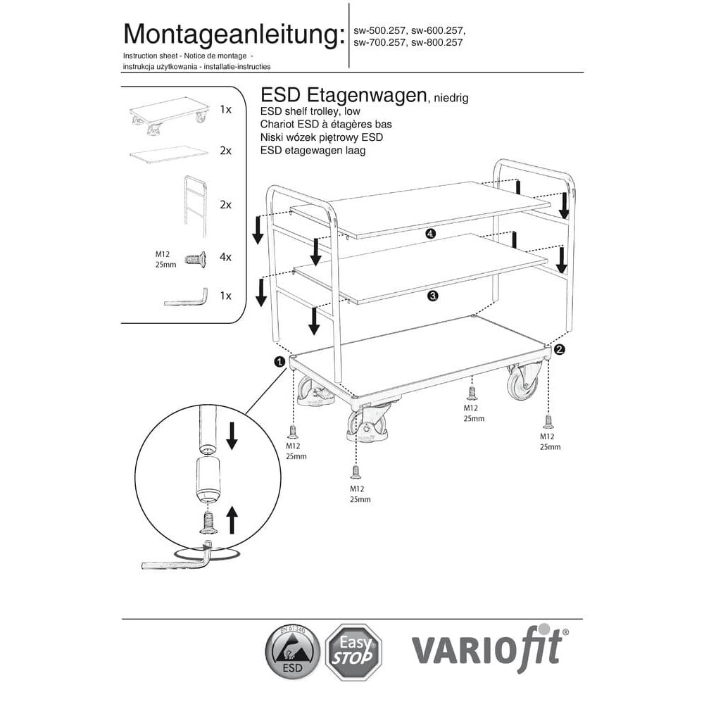 ESD Wózek piętrowy z 3 półkami Typ S + EasySTOP-0