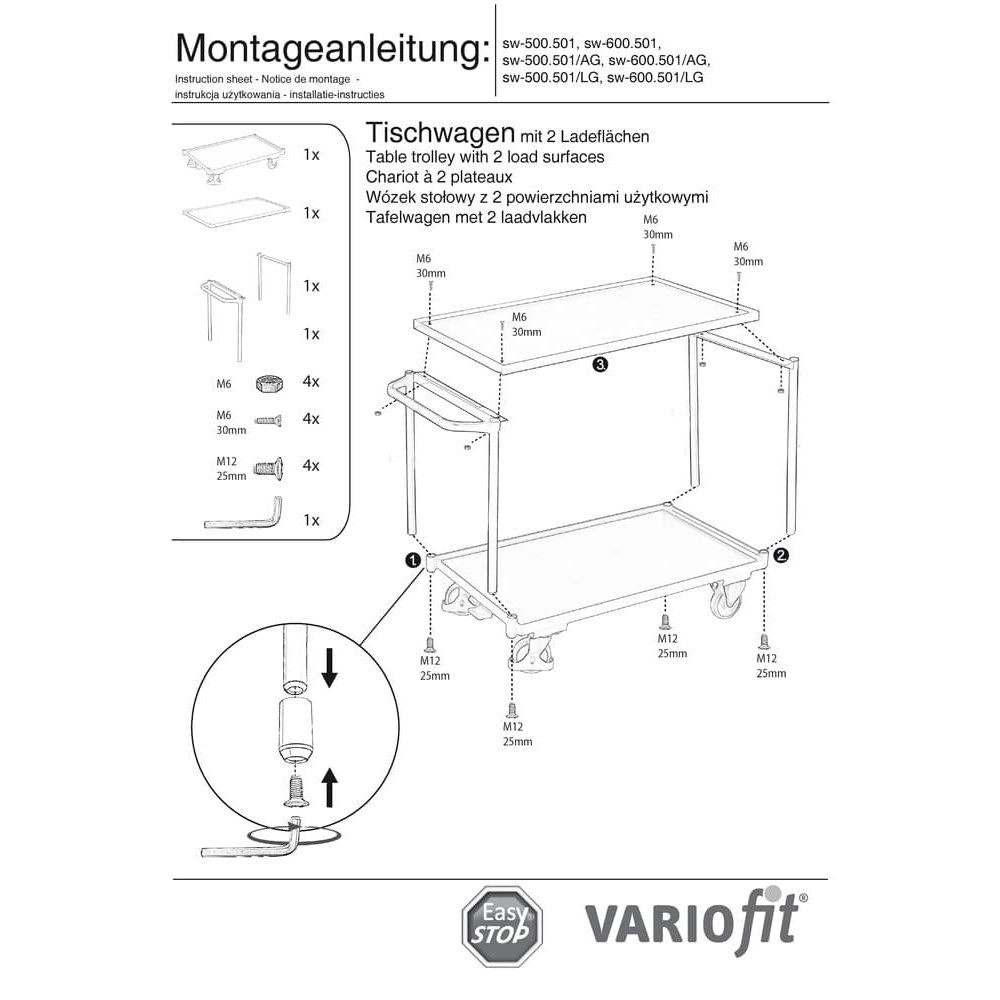 Wózek stołowy 250 kg z 2 półkami Typ M + EasySTOP-0