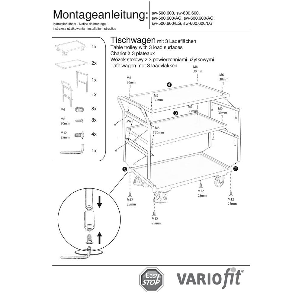 Wózek stołowy 250 kg z 3 półkami wysoki uchwyt typ M + EasySTOP-0