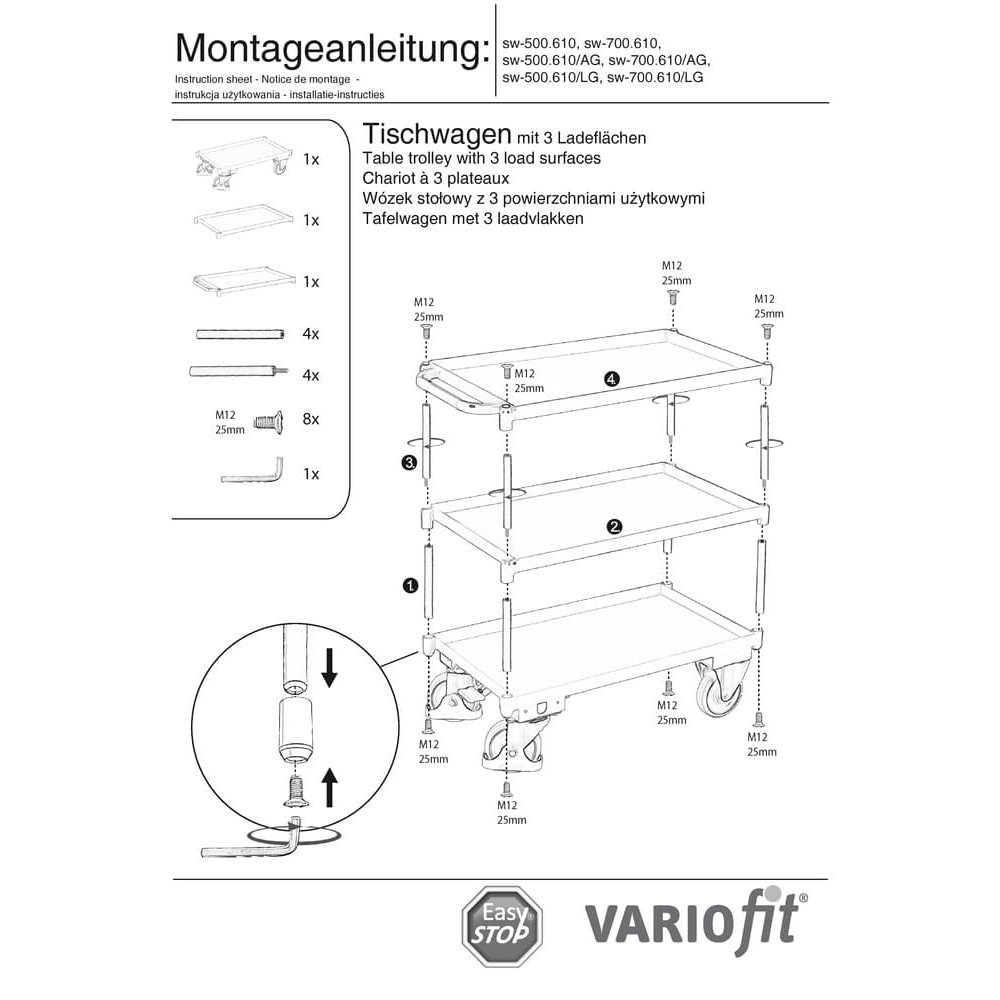 Wózek stołowy z 3 półkami, krawędź wanny 40 mm wysokości + EasySTOP-1