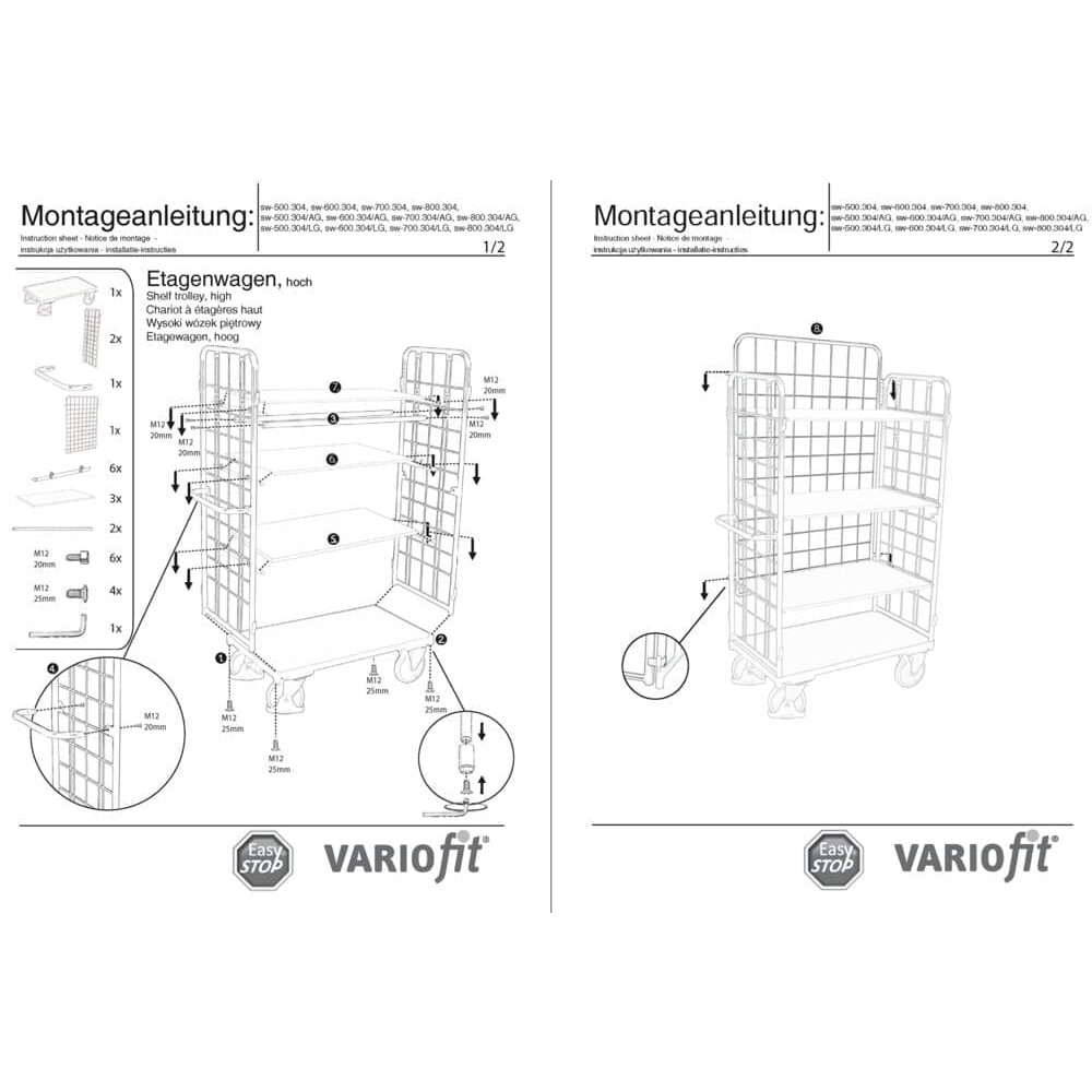 Wózek trójstronny wysoki z 4 półkami 500 kg nośności Typ M + EasySTOP-0