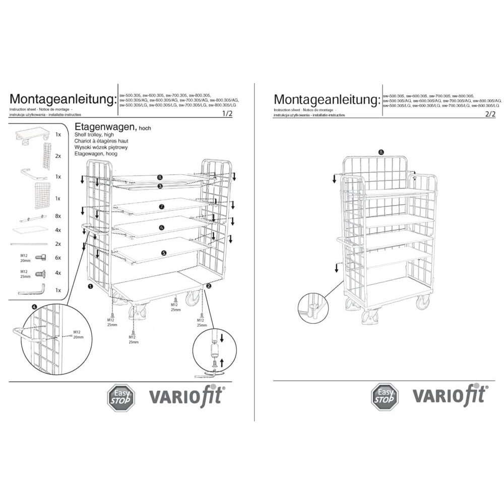 Wózek trójsciankowy wysoki z 5 półkami 500 kg nośności Typ M + EasySTOP-0