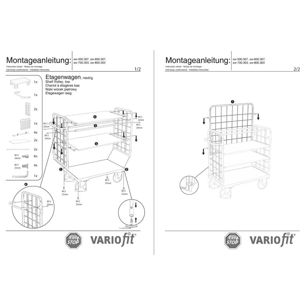 Wózek-pakietowy z trzema ścianami i 3 półkami 500 kg nośności Typ M + EasySTOP-0