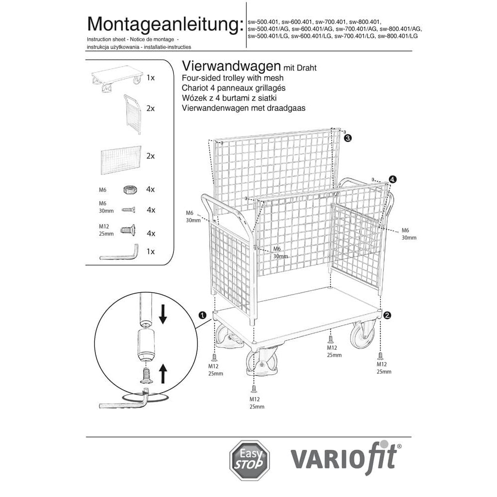 Wózek czterowarstwowy z siatkową kratką 500 kg Typ M + EasySTOP-0