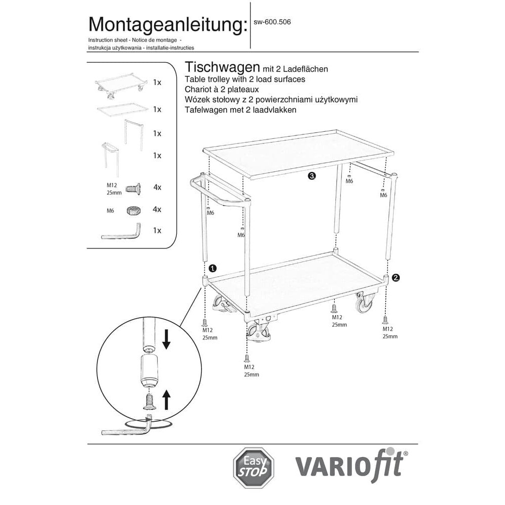 Wózek stołowy z 2 poziomami, wanny przykręcone, krawędź 25 mm + EasySTOP-0