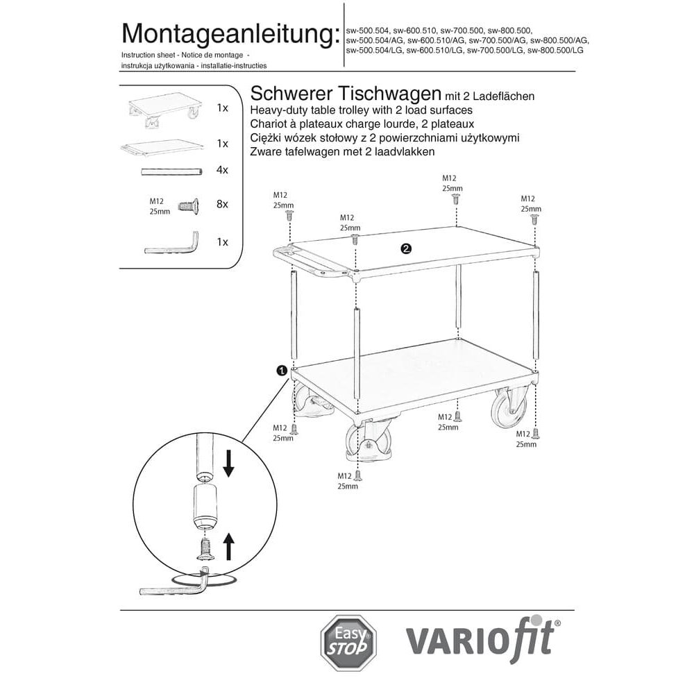 Ciężki wózek stołowy 500 kg z 2 półkami typ M + EasySTOP-0