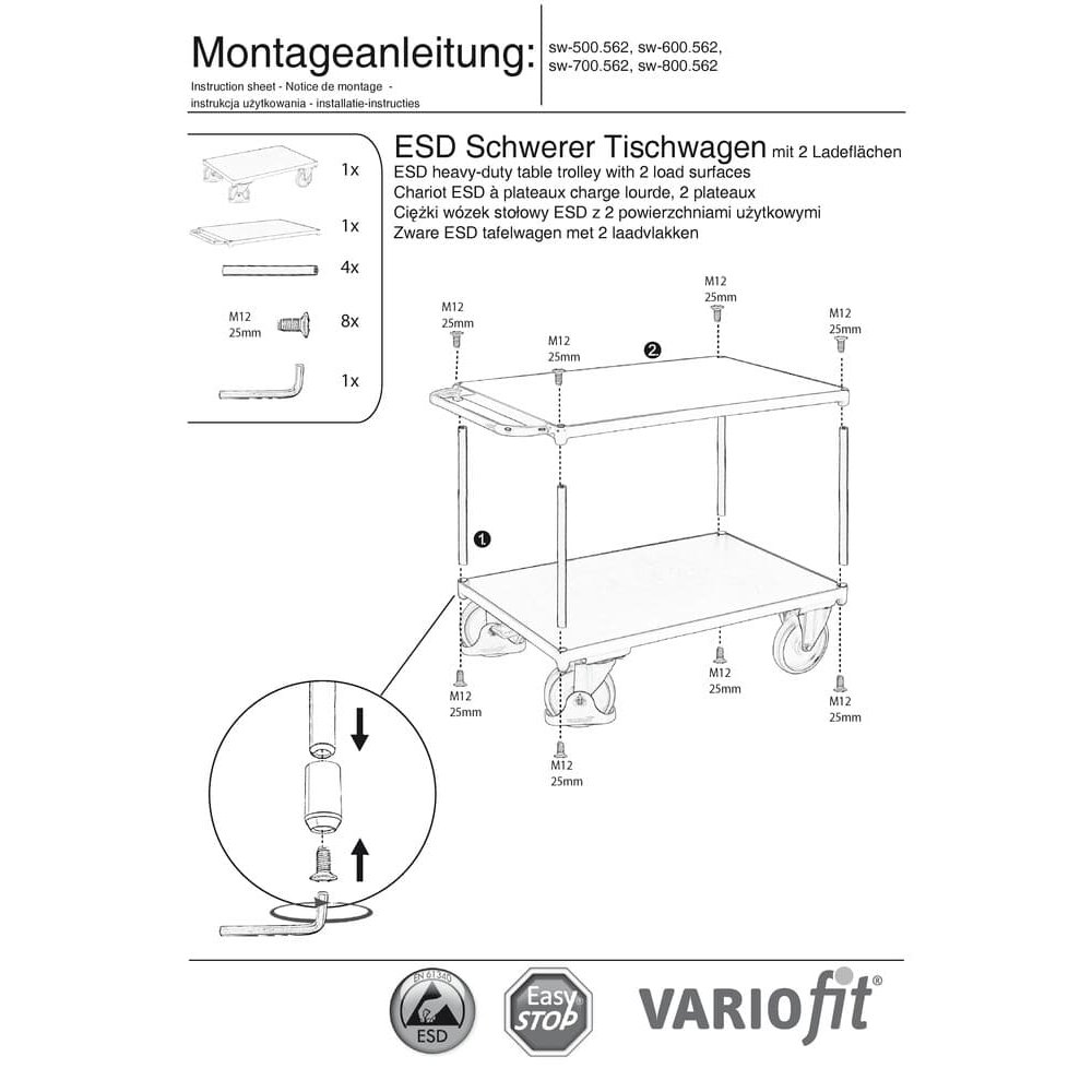 Ciężki stół ESD z 2 powierzchniami ładunkowymi Typ M + EasySTOP-0