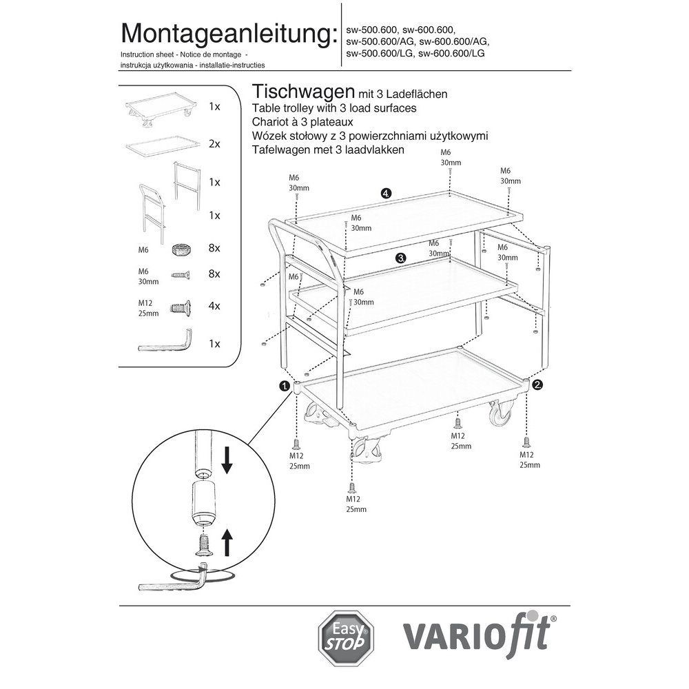 Wózek stołowy 250 kg z 3 półkami wysoki uchwyt Typ L + EasySTOP-0