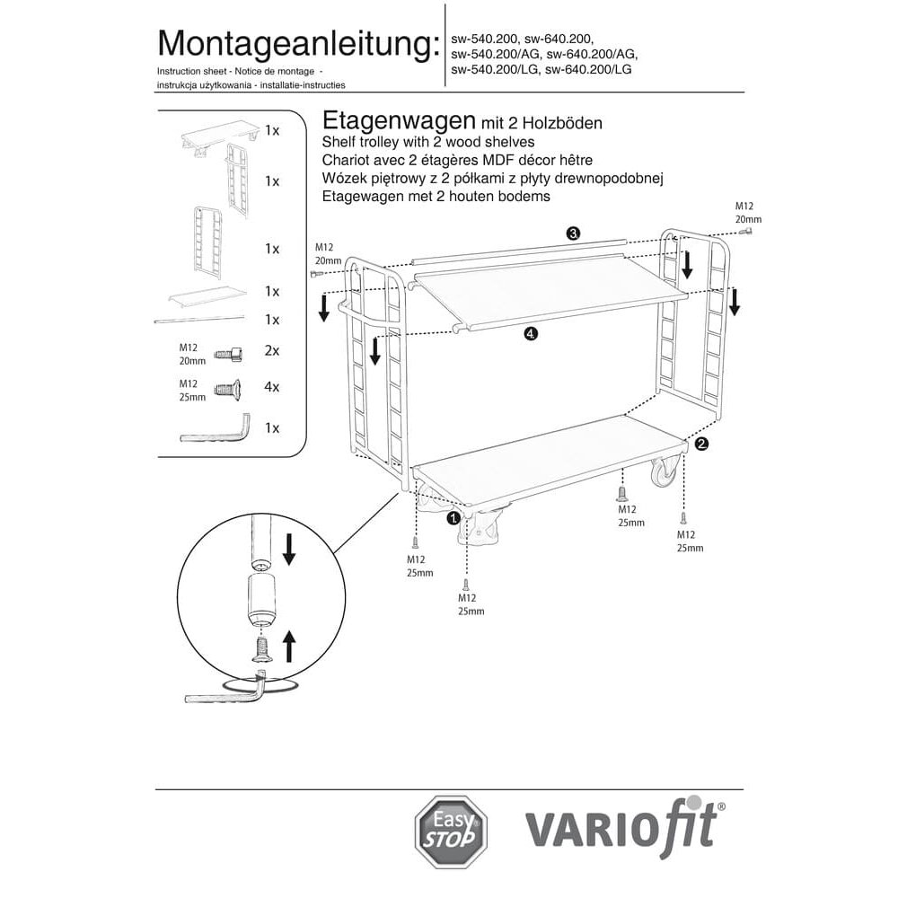 Wózek piętrowy z 2 półkami 400 kg nośności Typ L + EasySTOP-0