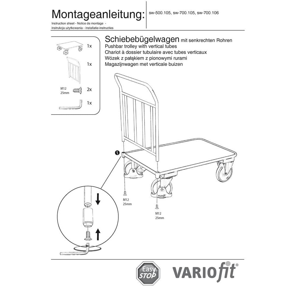 Wózek przesuwany 400 kg 4 pionowe rury Typ M + EasySTOP-0