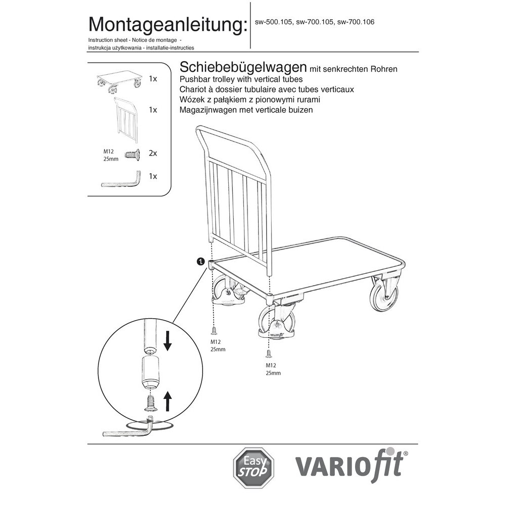 Wózek pchany 400 kg z 4 pionowymi rurami Typ L + EasySTOP-0