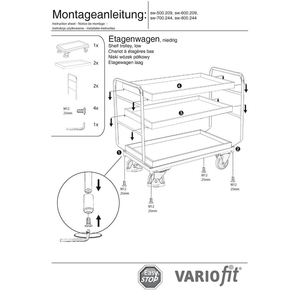 Wózek piętrowy z 3 tacami 250 kg udźwigu Typ L + EasySTOP-0