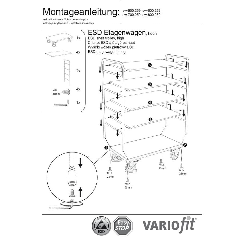 Wysoki wózek piętrowy ESD z 5 półkami Typ L + EasySTOP-0