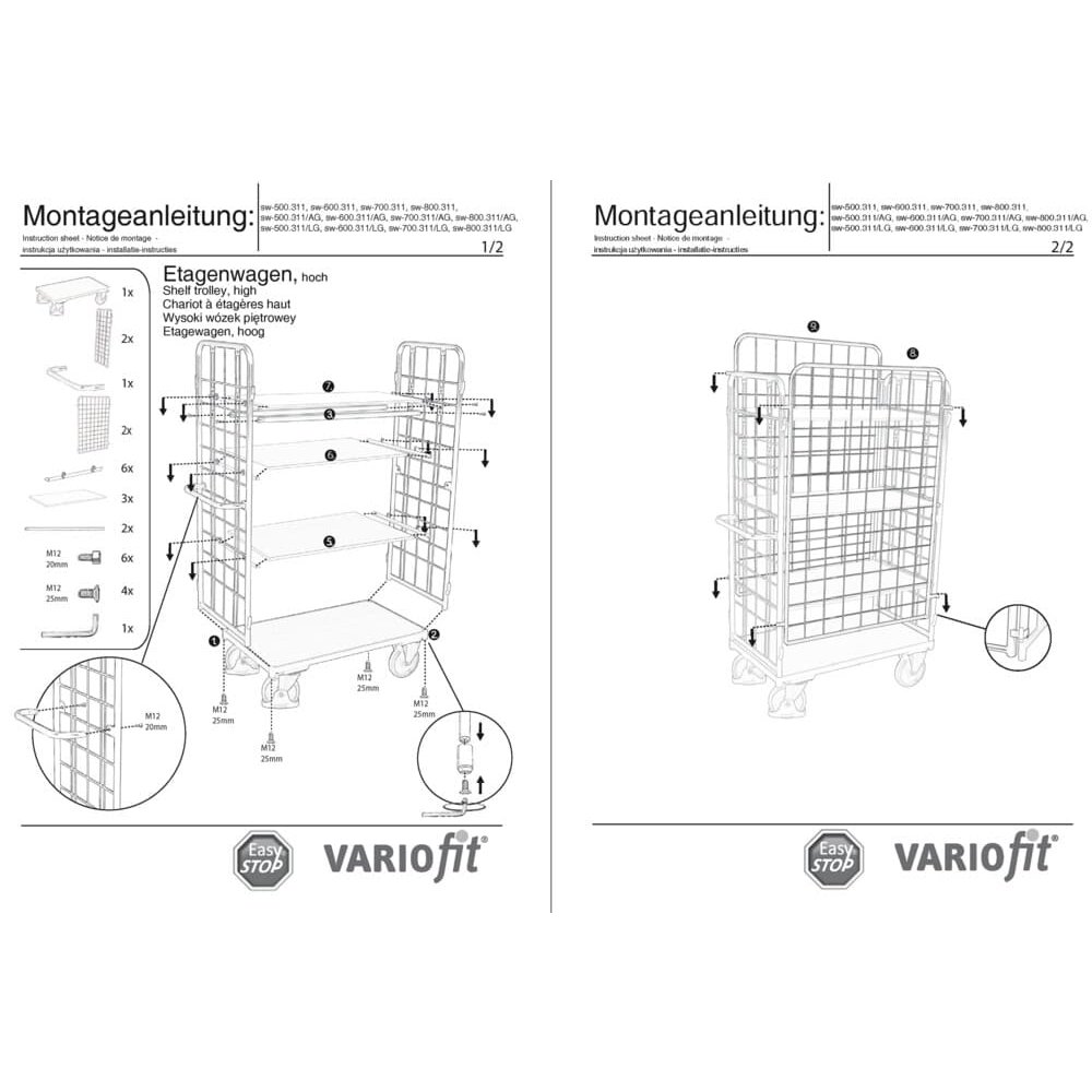 Pakietowy wózek czteroburtowy wysoki z 3 półkami Typ L + EasySTOP-0