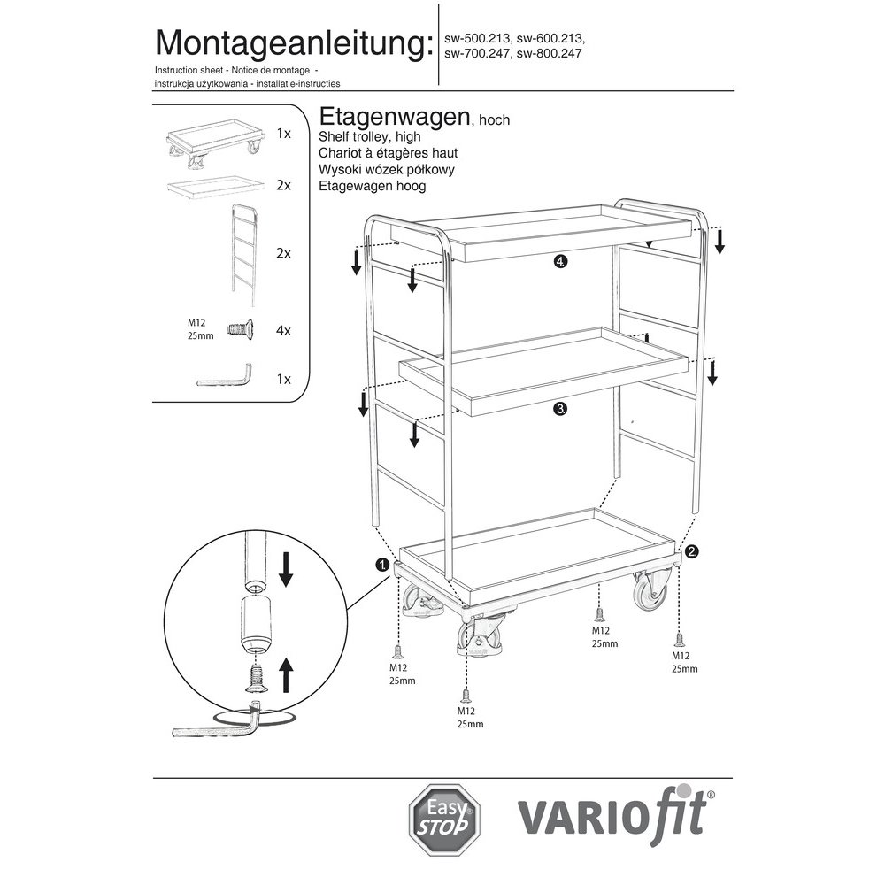 Wózek piętrowy wysoki 3 tace 250 kg ładowności Typ XL + EasySTOP-1