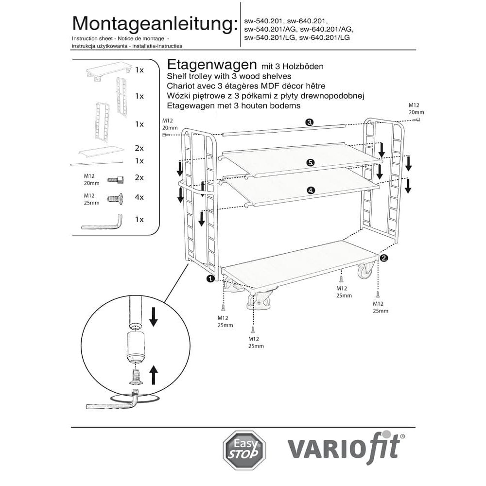 Wózek piętrowy z 3 półkami 250 kg Typ M + EasySTOP-0