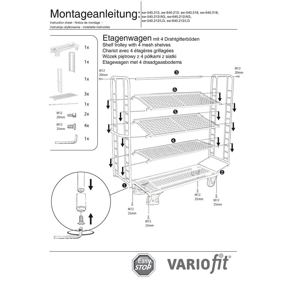 Wózek piętrowy z 4 półkami kratowymi cynkowany 250 kg udźwig Typ M + EasySTOP-0