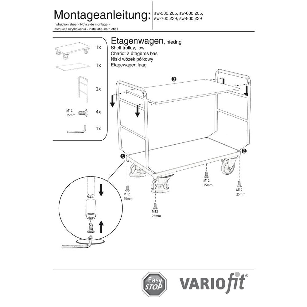 Wózek piętrowy z 2 półkami 250 kg Typ M + EasySTOP-1