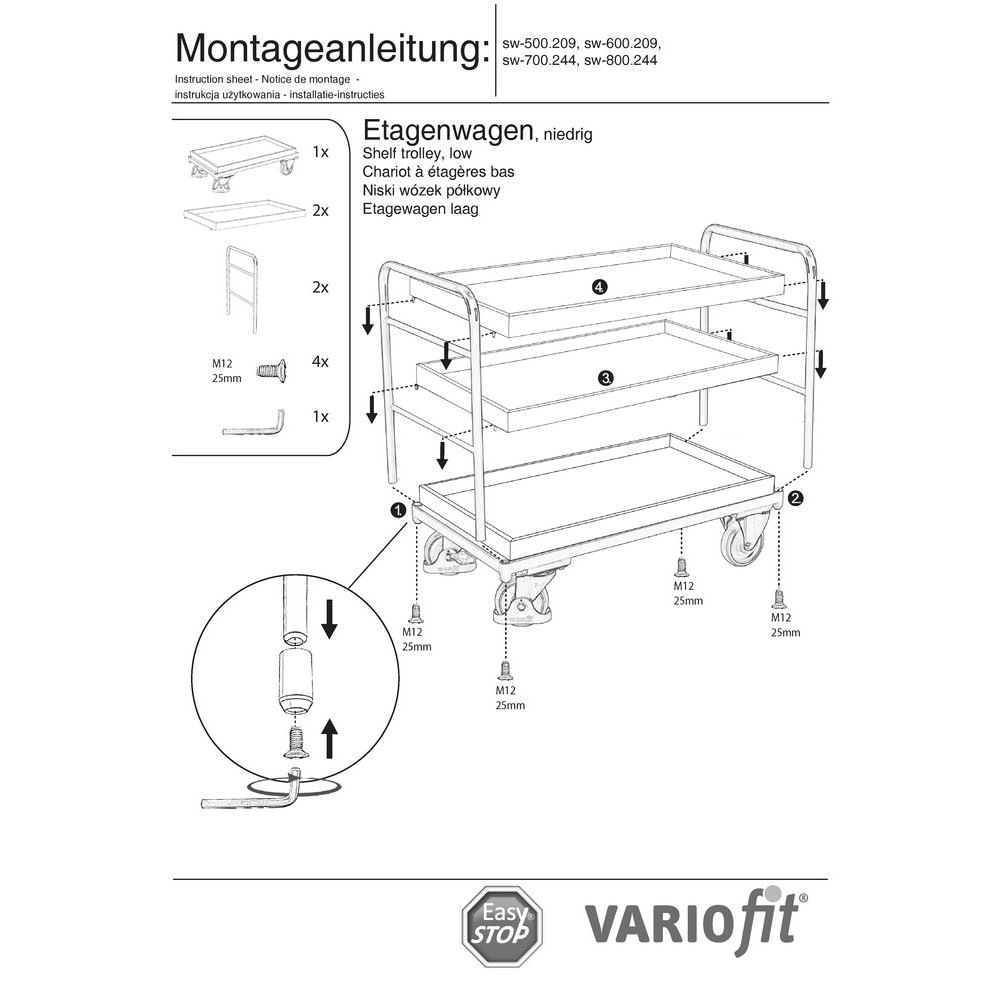 Wózek piętrowy z 3 tackami 250 kg Typ M + EasySTOP-1