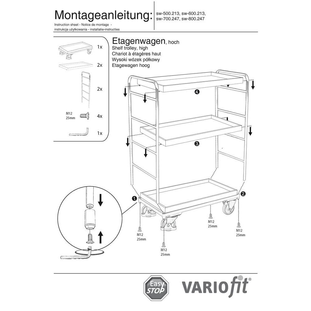 Wózek piętrowy wysoki z 3 tacami 250 kg nośności Typ M + EasySTOP-1