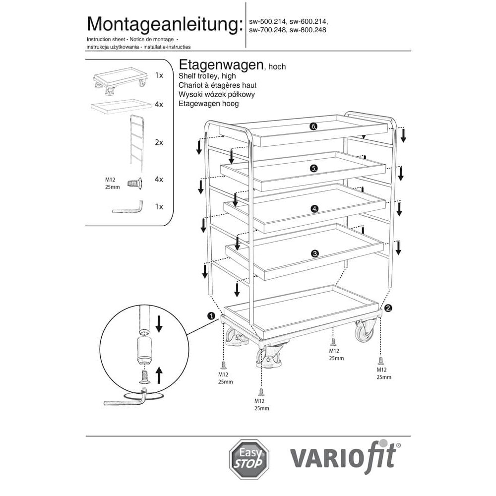 Wózek piętrowy wysoki z 5 tacami 250 kg nośności Typ M + EasySTOP-1