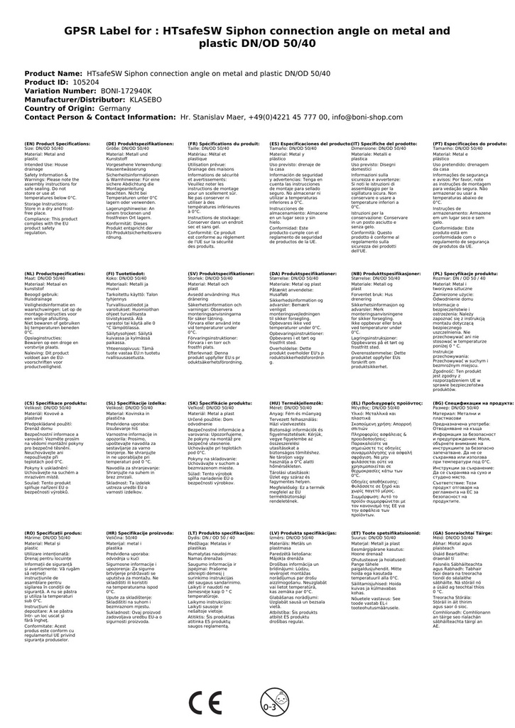 HTsafeSW Kolano przyłączeniowe syfonu do metalu i tworzywa sztucznego DN/OD 50/40-2