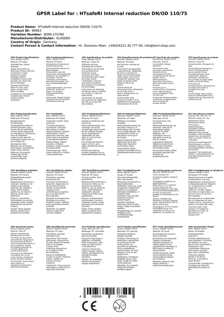 HTsafeRI redukcja wewnętrzna DN/OD 110/75-2