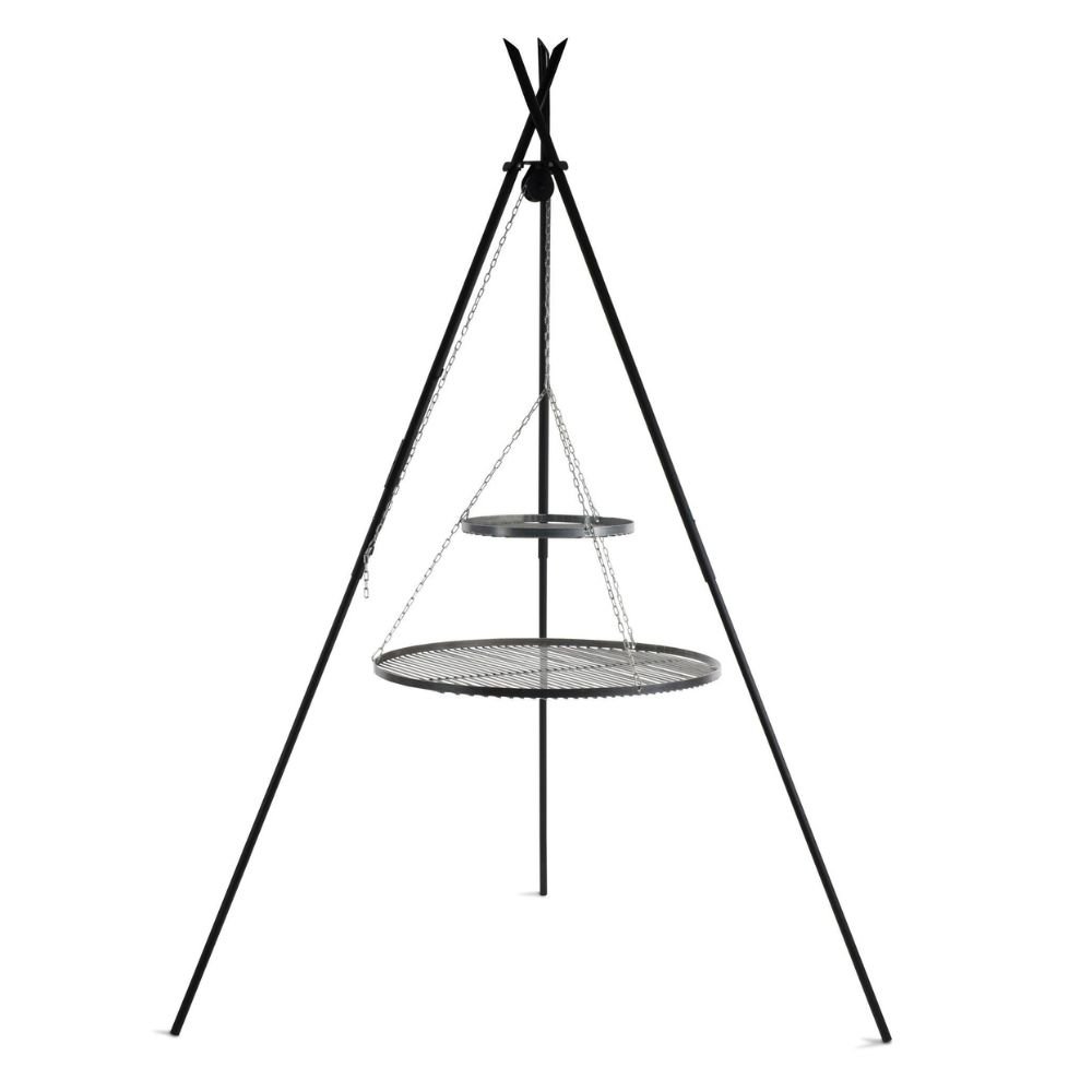 Grill wiszący „TIPI“ 210 cm + podwójny ruszt 70 cm i 40 cm z naturalnej stali