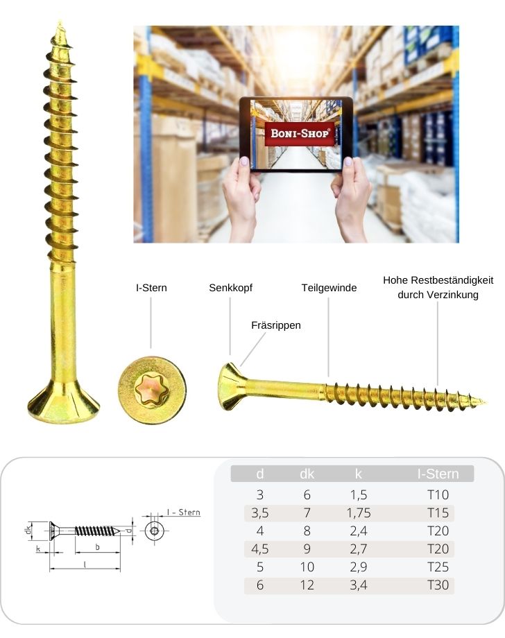 Wkręty do płyt wiórowych 3,0 x 35 mm 1000 sztuk z gwiazdą I, łbem stożkowym, częściowym gwintem i żebrami frezującymi pod łbem-2